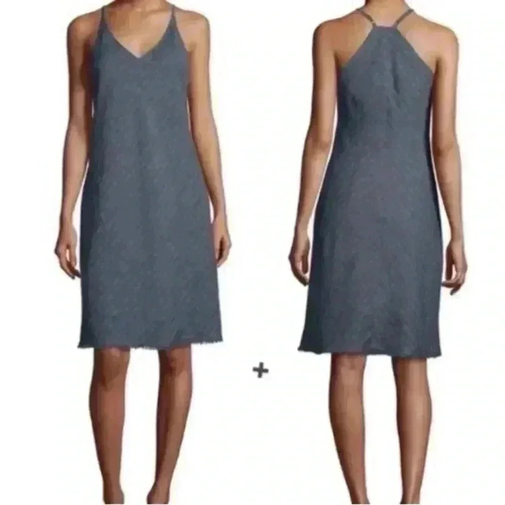 ATM Womens Linen Halter Adjustable Fringe Stripe Midi Dress blue gray small